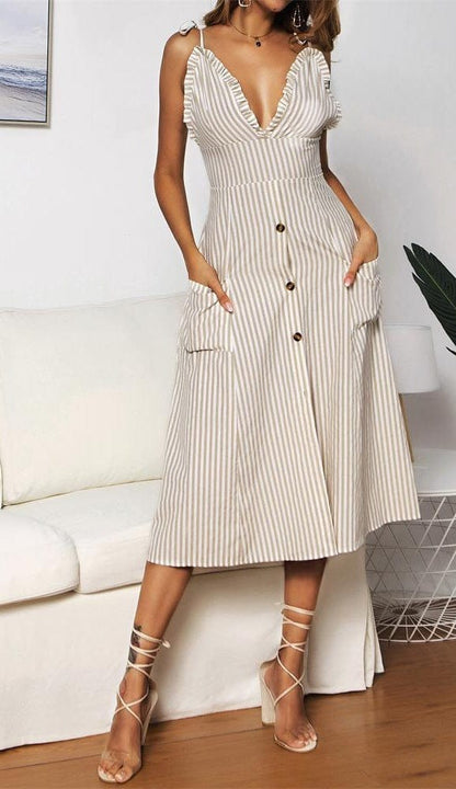 Plunge Neck Striped Dress