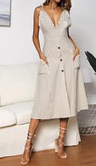 Plunge Neck Striped Dress