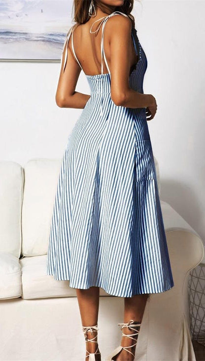 Plunge Neck Striped Dress