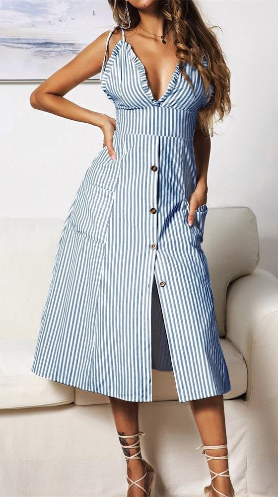 Plunge Neck Striped Dress