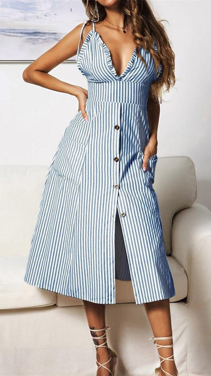 Plunge Neck Striped Dress