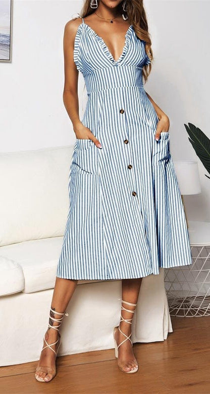 Plunge Neck Striped Dress