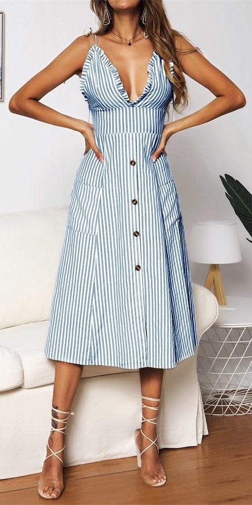 Plunge Neck Striped Dress