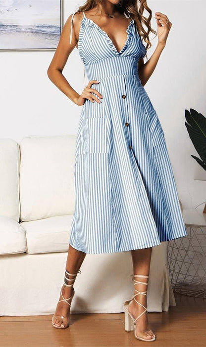 Plunge Neck Striped Dress