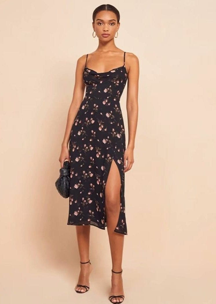 Floral Scoop Cowl Neck Leg Midi Dress