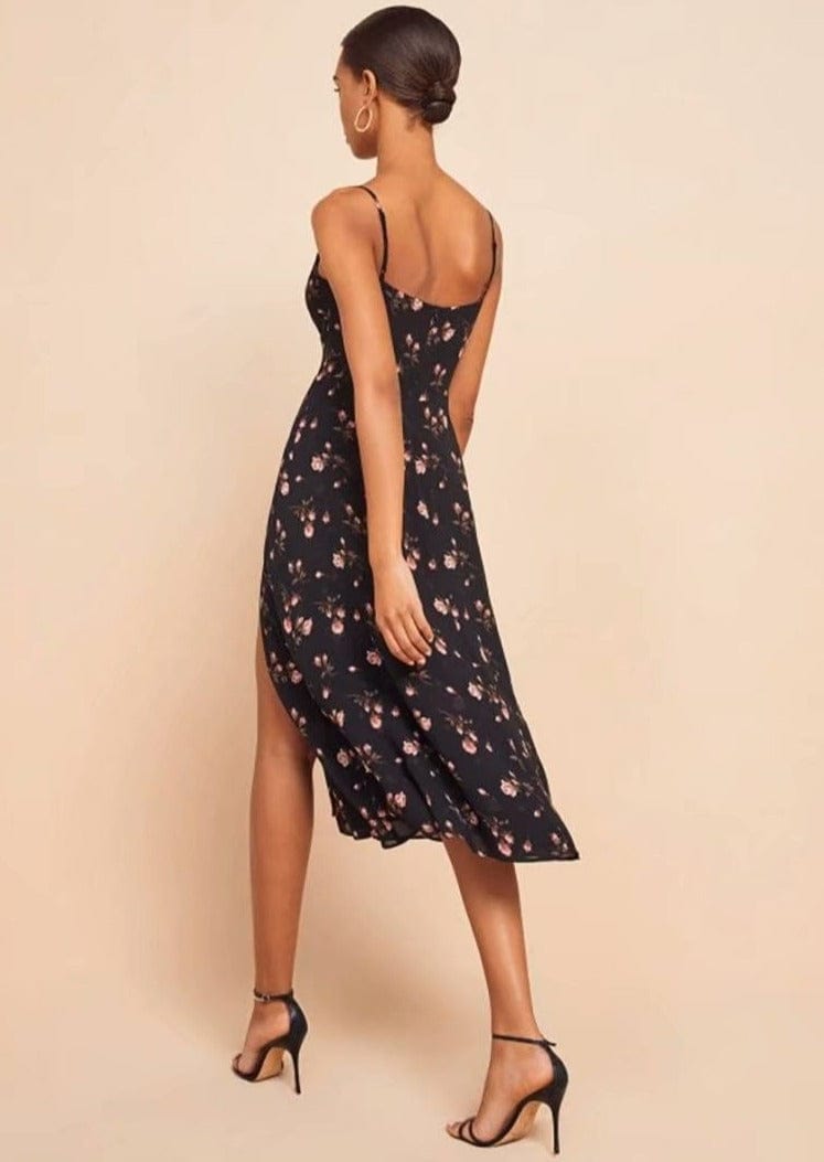 Floral Scoop Cowl Neck Leg Midi Dress
