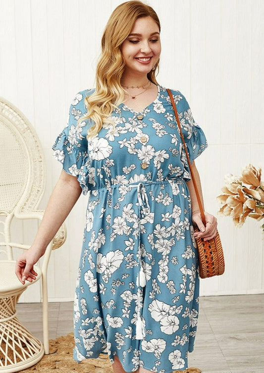 Plus Sleeve Drawstring Waist Dress