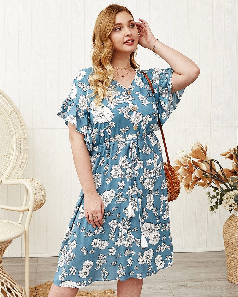 Plus Sleeve Drawstring Waist Dress