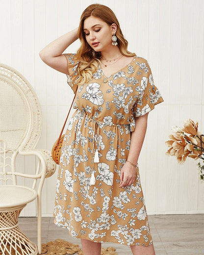 Plus Sleeve Drawstring Waist Dress