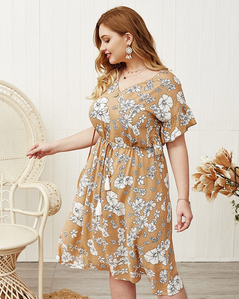 Plus Sleeve Drawstring Waist Dress
