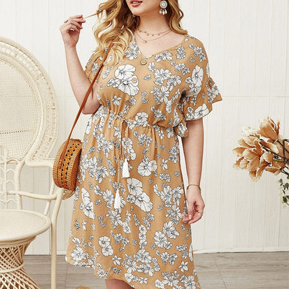 Plus Sleeve Drawstring Waist Dress