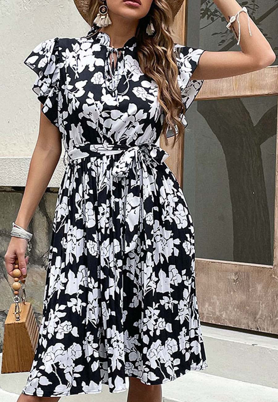 Neck Ruffle Sleeve Dress