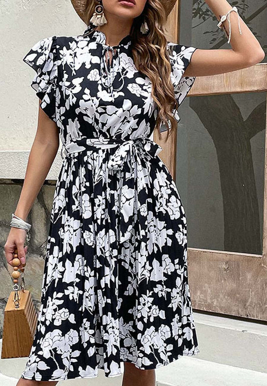 Neck Ruffle Sleeve Dress