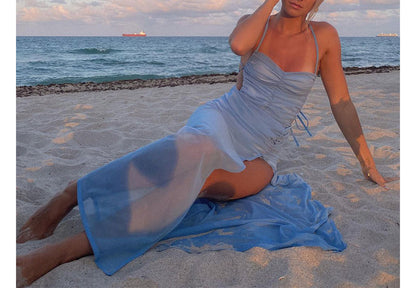 Halter Mesh Open Ruched Leg Slit Maxi Dress