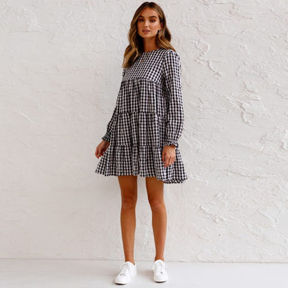 Mixed Checker Soft Ruffle Dress
