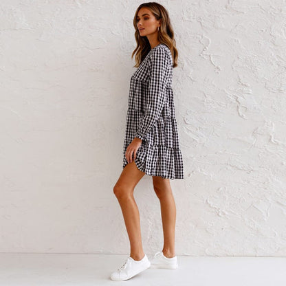 Mixed Checker Soft Ruffle Dress
