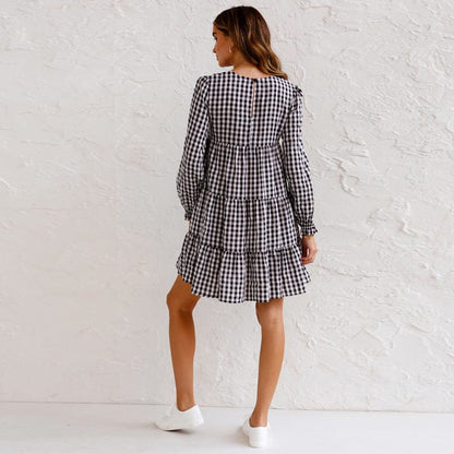 Mixed Checker Soft Ruffle Dress