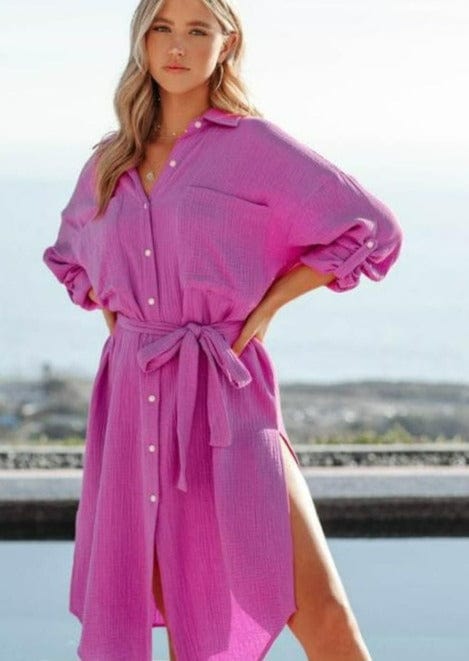 Textured Button Up Tie Dress