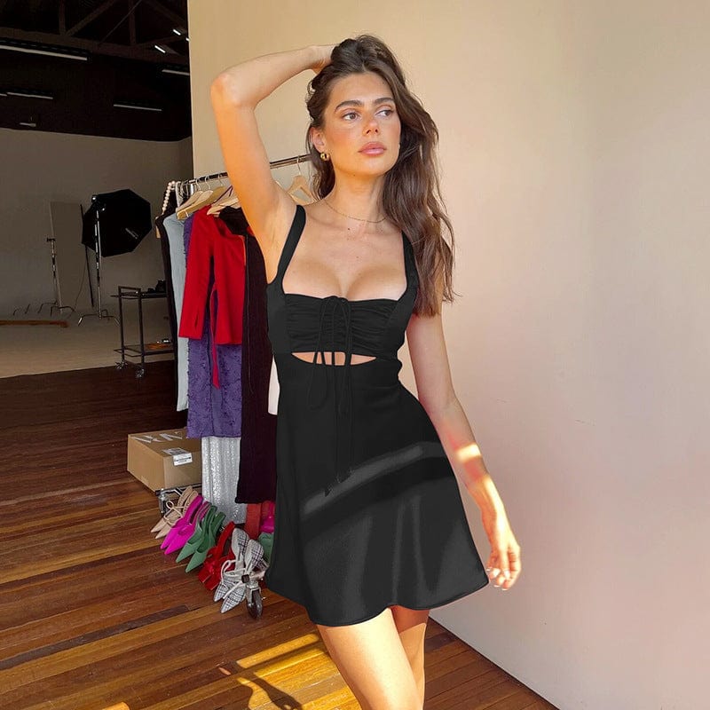 Drawstring Out Open Back Mini Slip Dress