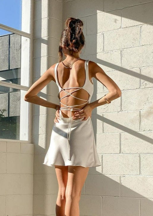 Drawstring Out Open Back Mini Slip Dress
