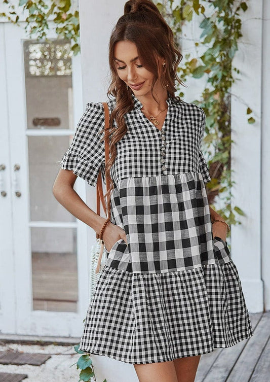 Mixed Checker Soft Ruffle Dress