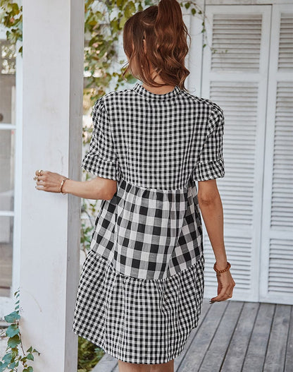 Mixed Checker Soft Ruffle Dress