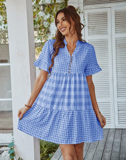 Mixed Checker Soft Ruffle Dress