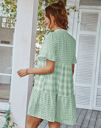 Mixed Checker Soft Ruffle Dress