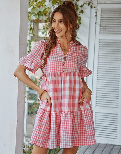 Mixed Checker Soft Ruffle Dress