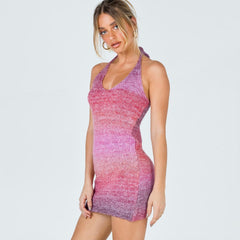 Crochet Rainbow Ombre Halter Mini Dress