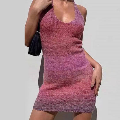 Crochet Rainbow Ombre Halter Mini Dress