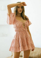 Tying Ruffled Short Sleeve Mini Dress