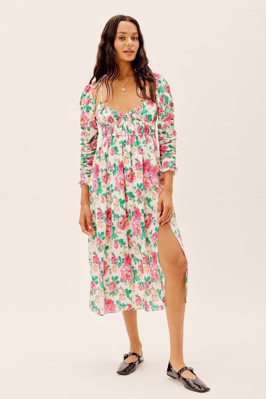 Floral Ruched Sleeve Leg Slit Midi Dress