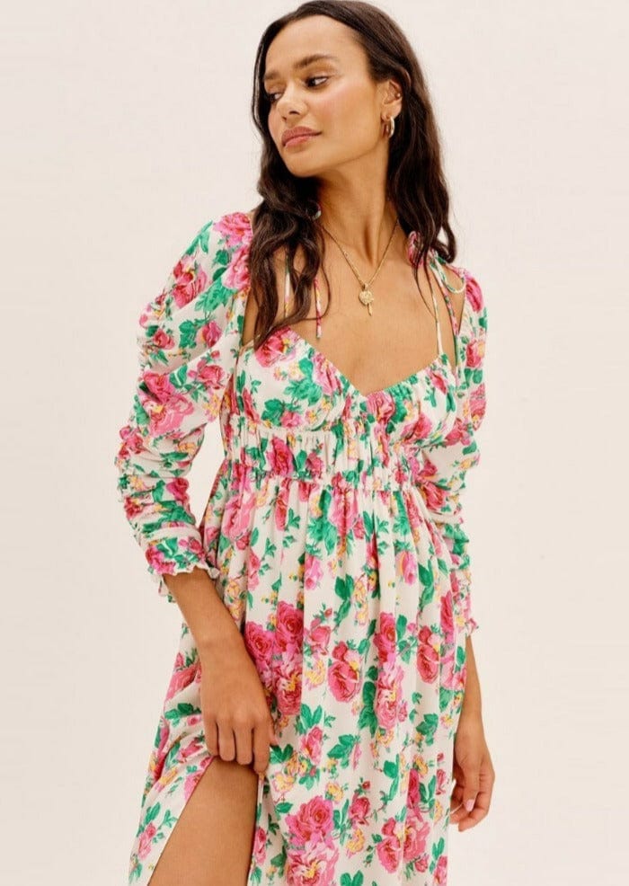 Floral Ruched Sleeve Leg Slit Midi Dress