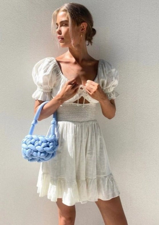 Puff Sleeve Cut Out Ruched Peasant Mini Dress