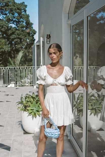 Puff Sleeve Cut Out Ruched Peasant Mini Dress