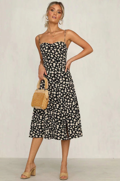 Floral Shoulder Tying Slit Midi Dress