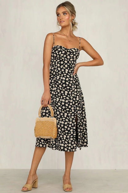 Floral Shoulder Tying Slit Midi Dress