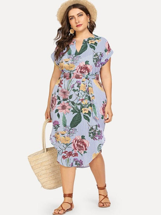 Plus Printed Hem Slit Dress