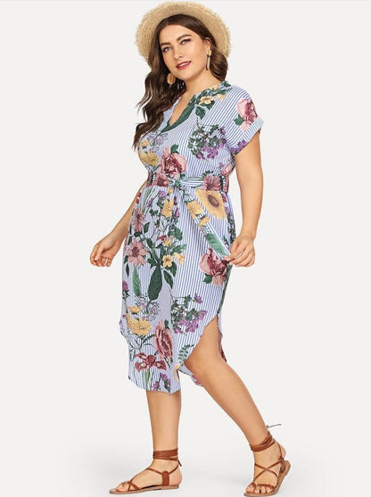 Plus Printed Hem Slit Dress