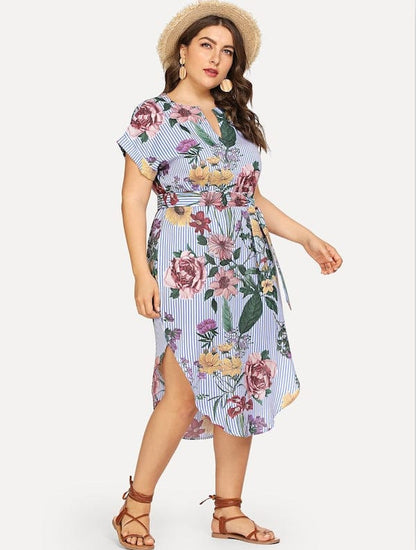 Plus Printed Hem Slit Dress