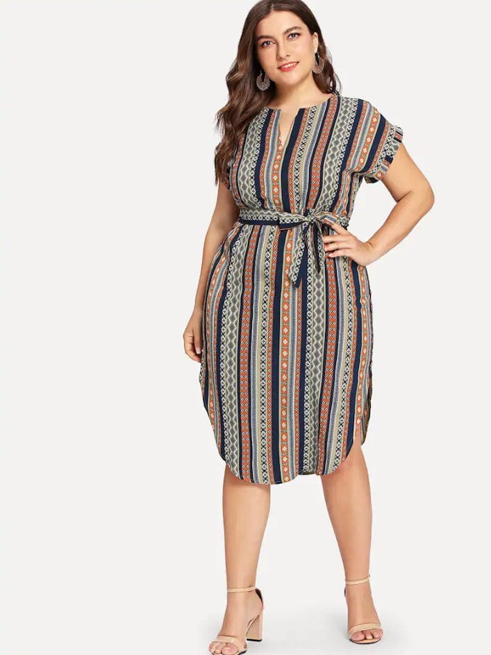 Plus Printed Hem Slit Dress