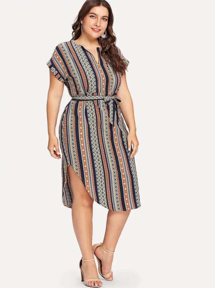 Plus Printed Hem Slit Dress