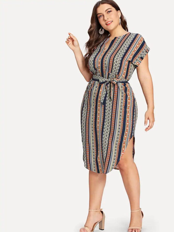 Plus Printed Hem Slit Dress