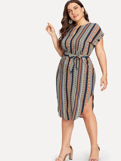 Plus Printed Hem Slit Dress