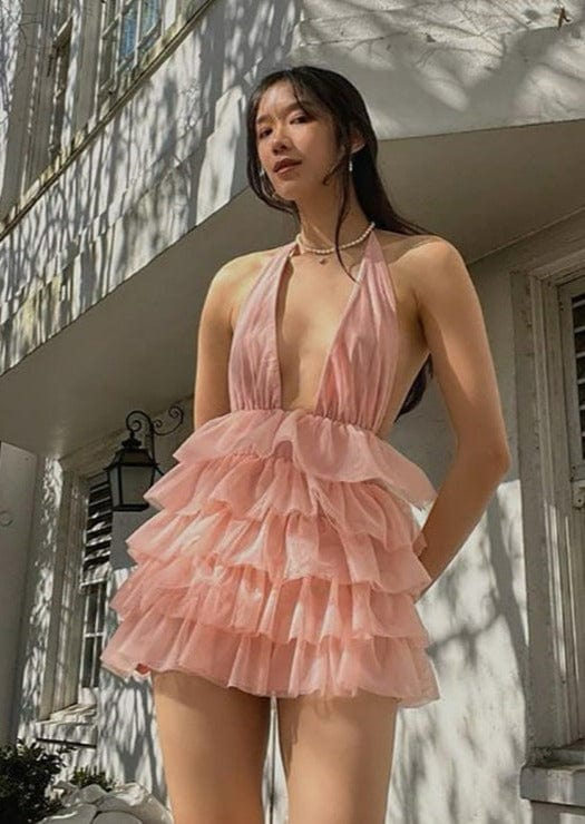 Plunge Neckline Halter Open Back Mini Dress
