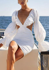 Plunge Puff Long Sleeved Out Mini Dress