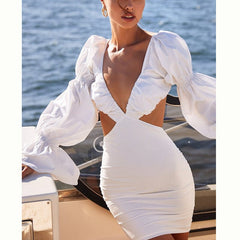 Plunge Puff Long Sleeved Out Mini Dress