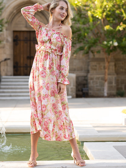 Floral Shirred Ruffled Puff Sleeve Midi Dress