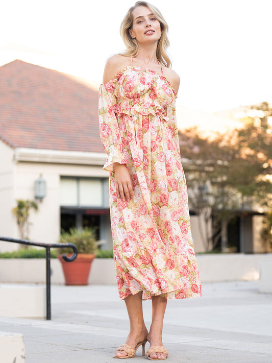 Floral Shirred Ruffled Puff Sleeve Midi Dress